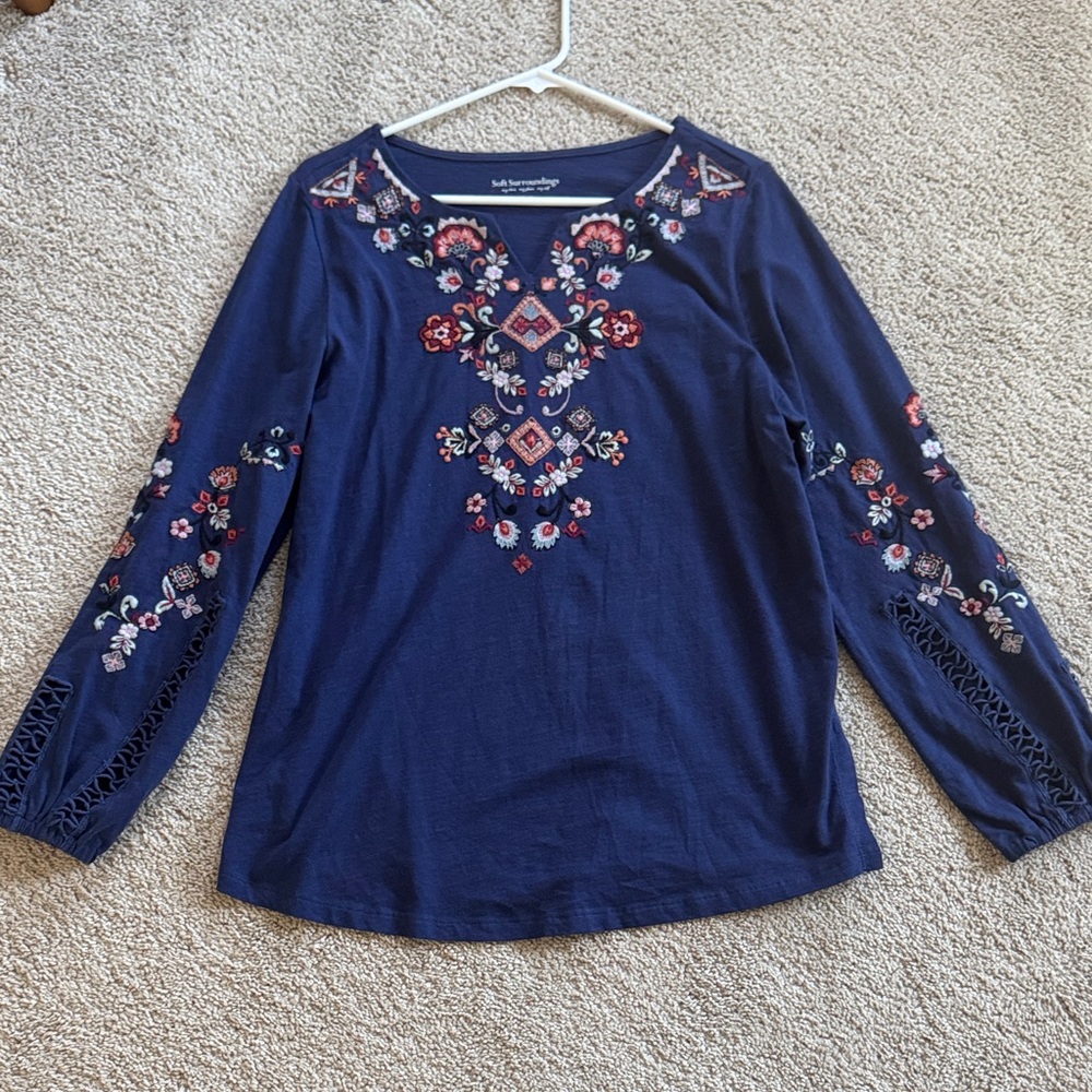 Soft Surroundings Navy Floral Embroidered Long Sleeve Top